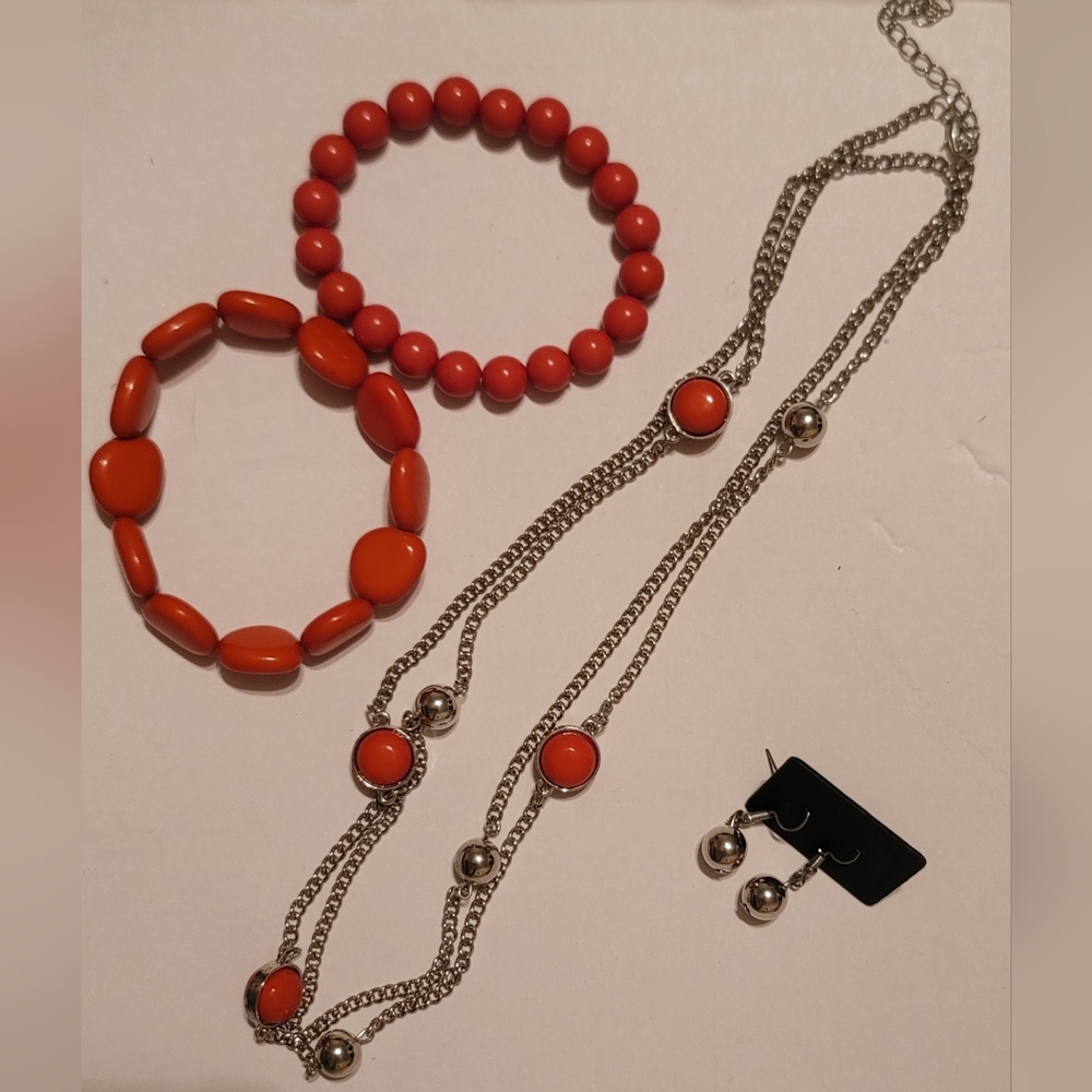 Bead Bracelet & Silver Chain Necklace Set with Earrings